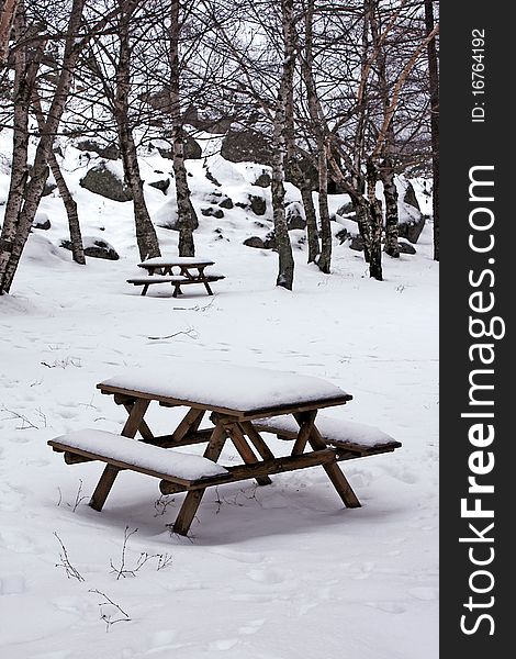 Picturesque winter scene of Snow on wooden benches at the park
