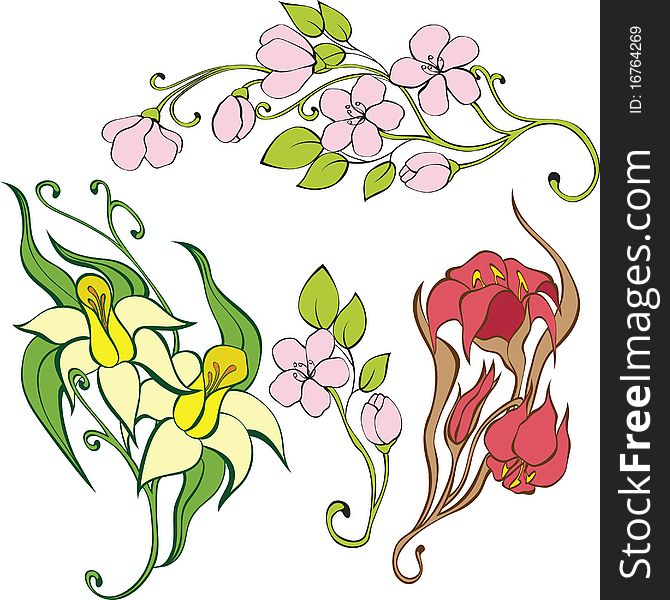 Set of flowers. Illustration for design. No gradients.