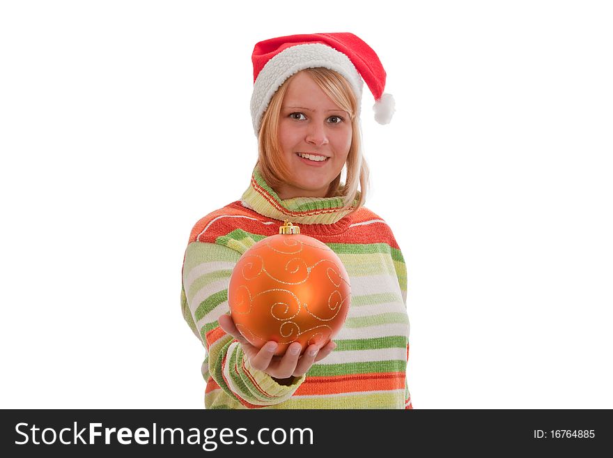 Young woman with santa hat holding a christmas ball - isolated. Young woman with santa hat holding a christmas ball - isolated