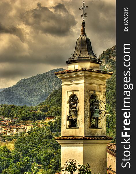 An old bell tower situated in the hills of Lombardy northern Italy