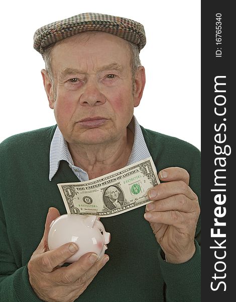 Male Senior with piggy bank isolated on white background