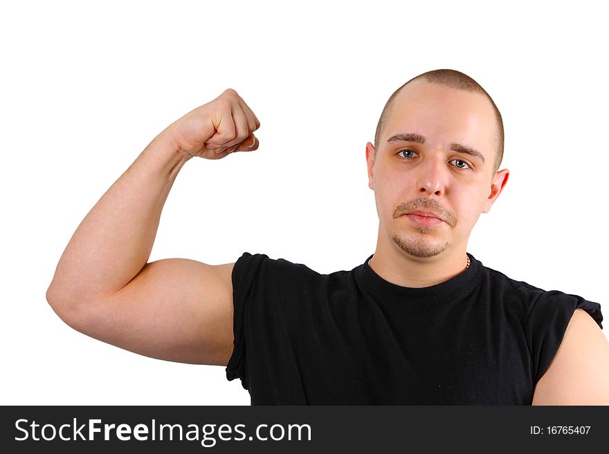 Young caucasian men shows biceps isolated on white background. Young caucasian men shows biceps isolated on white background