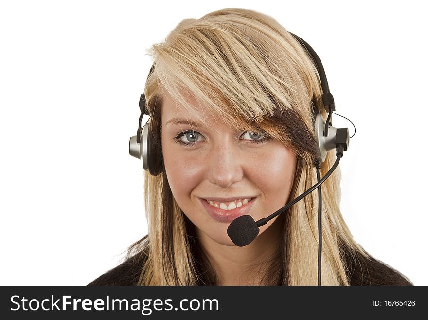 Beautiful young woman with headset isolated on white background. Beautiful young woman with headset isolated on white background