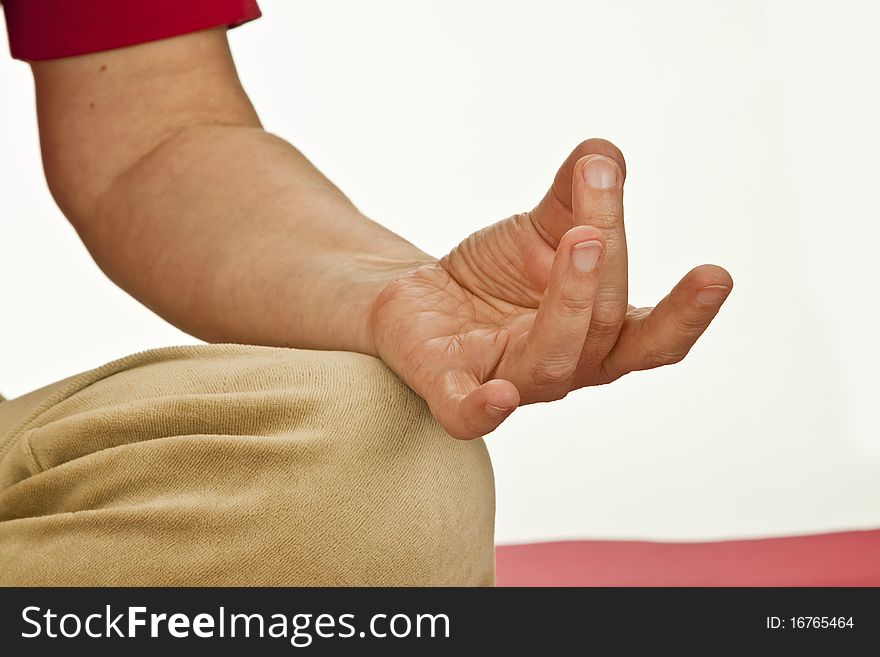 Woman in yoga pose with mudra hand - isolated on wwhite background. Woman in yoga pose with mudra hand - isolated on wwhite background