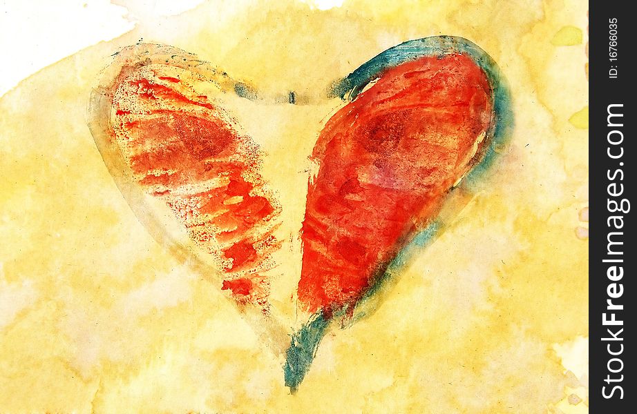 Watercolor mono-type of an abstract lovely heart. Watercolor mono-type of an abstract lovely heart