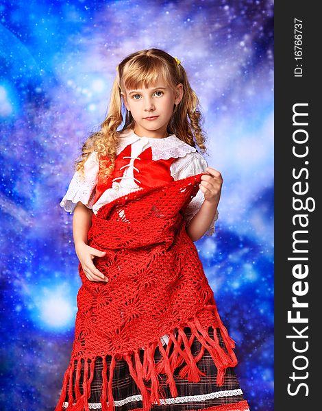 Christmas girl in festive costume over stellar sky. Christmas girl in festive costume over stellar sky.