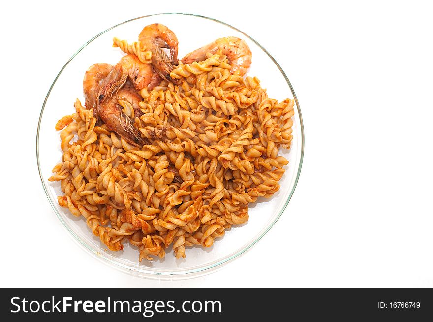 Plate with shrimps and pasta. Plate with shrimps and pasta