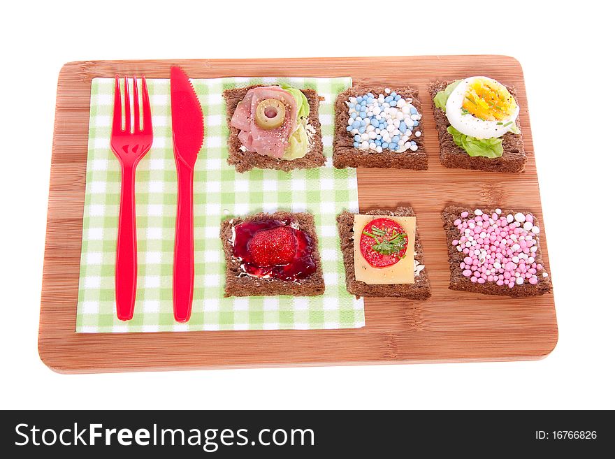 Varied decorative slices of bread isolated over a white background