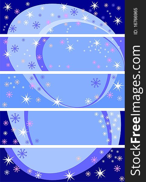 Winter banner with snowflakes of different shapes on a blue background