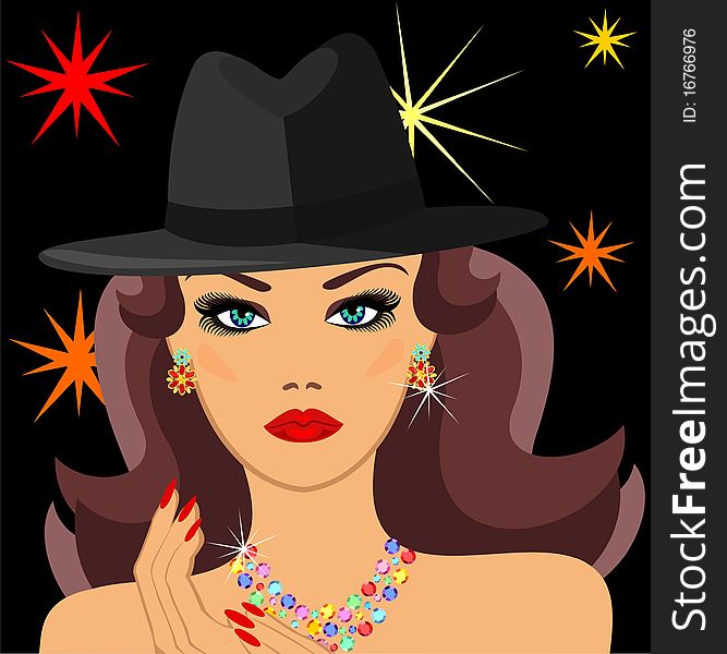 Glamorous lady in the jewelry and a hat. Glamorous lady in the jewelry and a hat