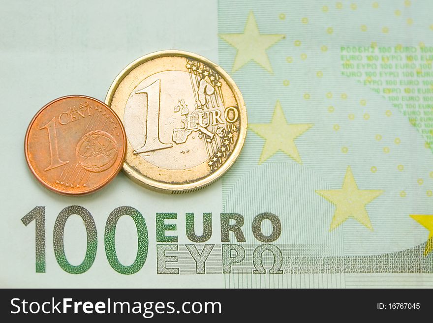 One Euro, One Cent On One Hundred Euro Bill