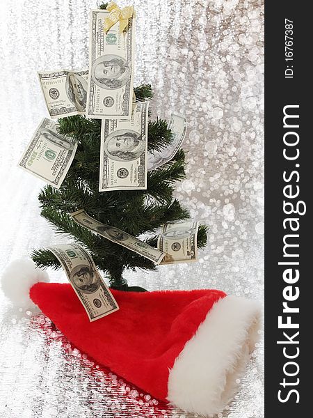 Christmas tree is decorated with the money