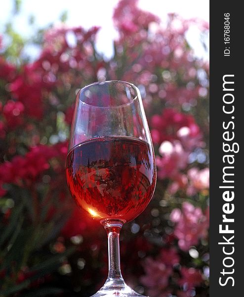 Glass of red wine with red flowers in the background