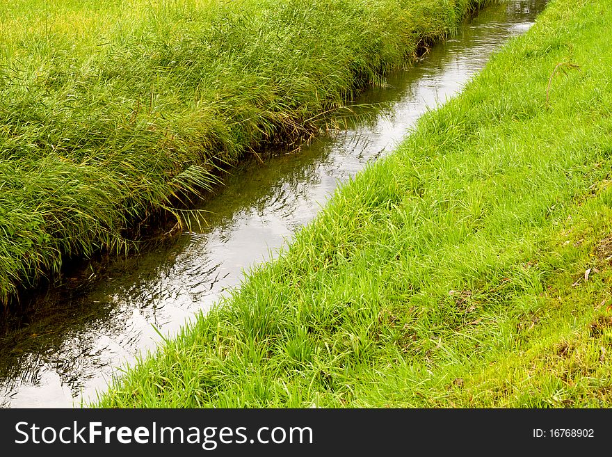 Channel between the two meadows with green grass