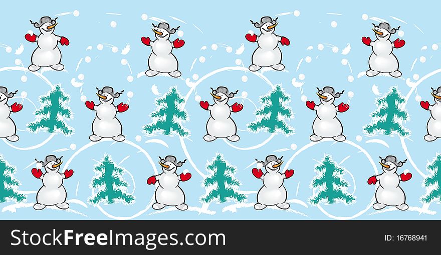 Snowmans playing snowballs. Vector, Cartun Illusration, Seamless Background. Snowmans playing snowballs. Vector, Cartun Illusration, Seamless Background.