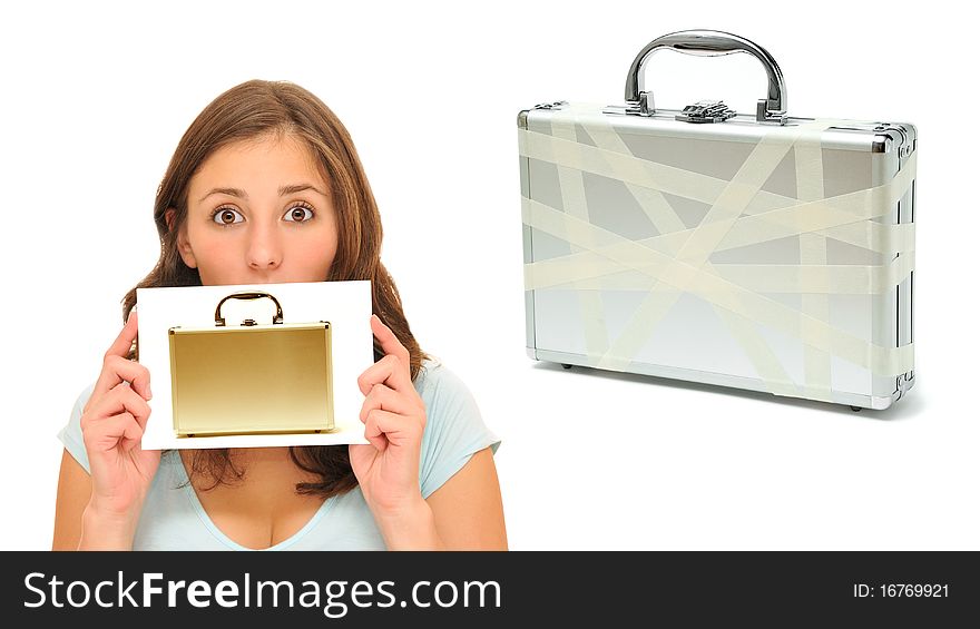 Beautiful woman with golden briefcase next to an old one