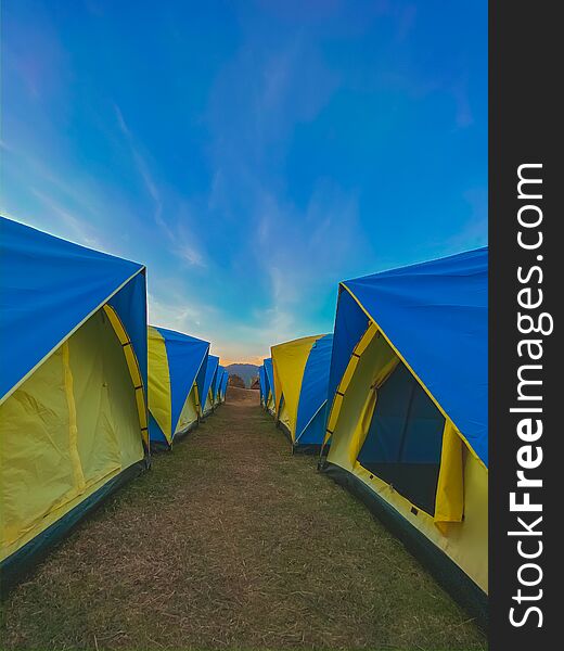 Beautiful view tourist tent on hill