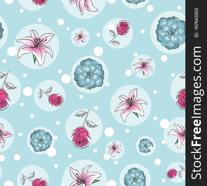 Seamless Floral Pattern Of Rose, Succulent, And Lily Flowers In Circles On Blue