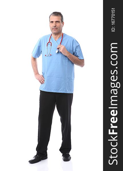 Doctor holding a stethoscope in a white background