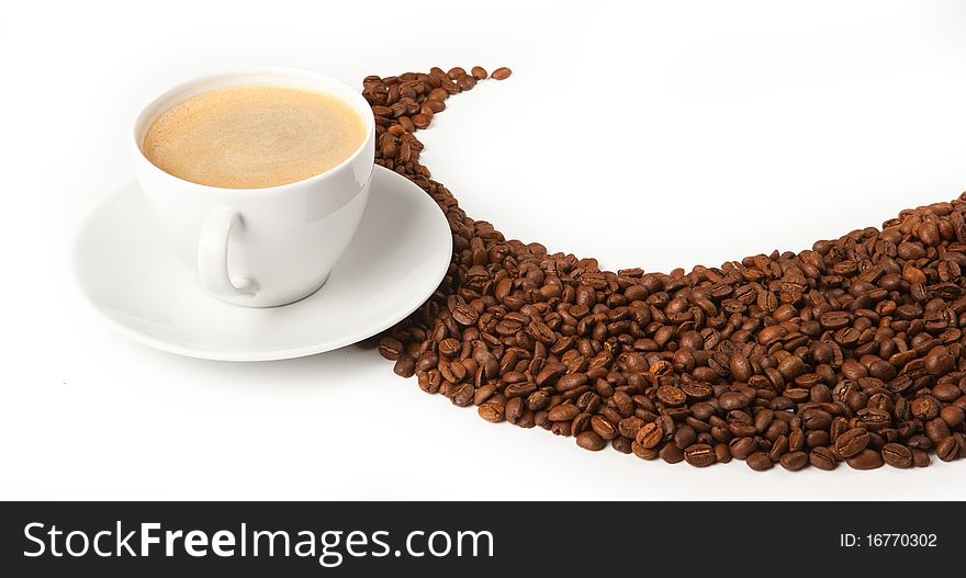 Coffe cup with coffee beans isolated on white. Coffe cup with coffee beans isolated on white
