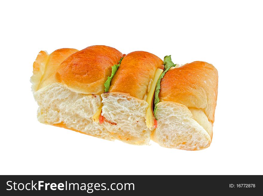 Ham and veggies bread on white background