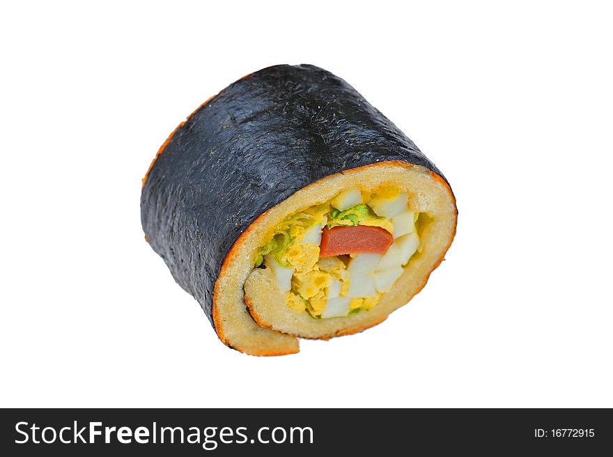Roll bread with egg and sausage on white background