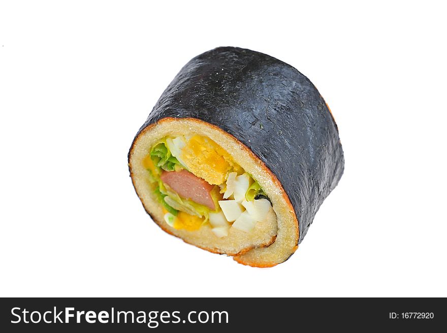Egg and veggies roll bread on white background