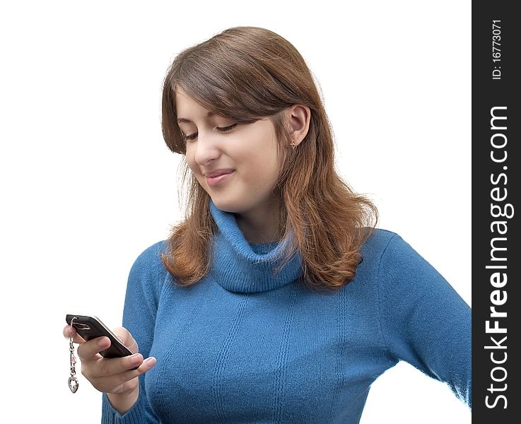 The girl with the phone on a white background