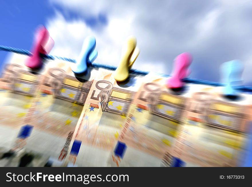 Euro banknotes on washing line with zoom effect. Euro banknotes on washing line with zoom effect