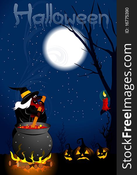 Illustration of scary witch cooking in halloween night