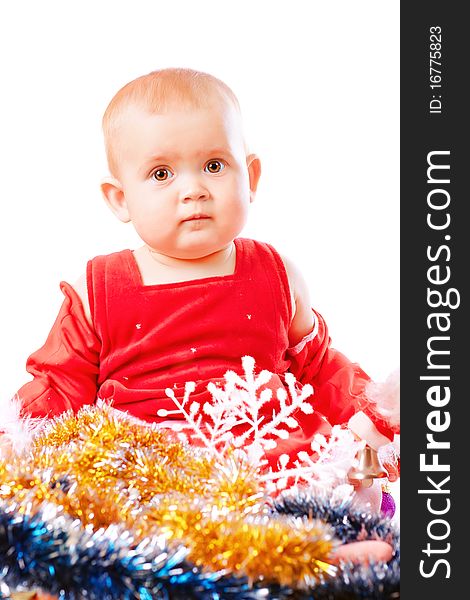 Baby in Santa Claus hat on white background