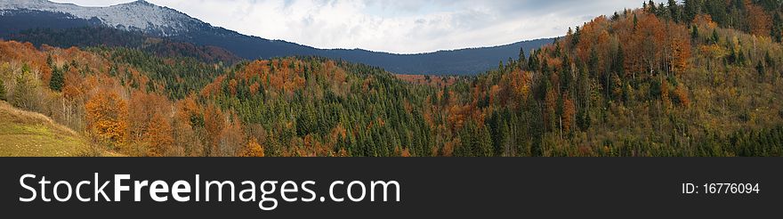 Panoramic image of snowy Carpathian mountains in autumn, Ukraine. Panoramic image of snowy Carpathian mountains in autumn, Ukraine