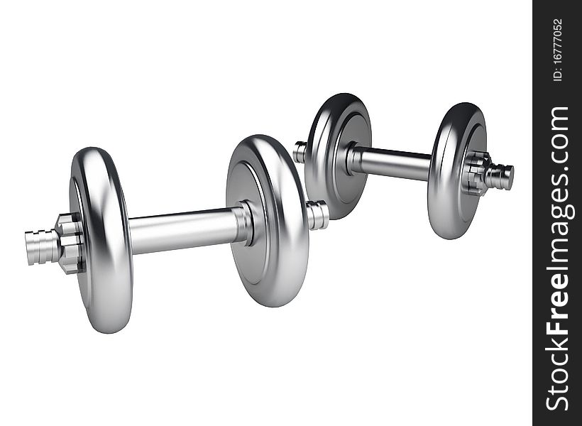 Two silver dumbbells isolated on white