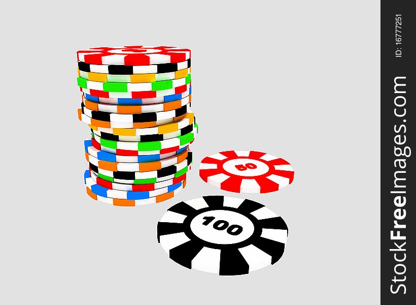 Stack of casino counters with 100 and 50 separated. Stack of casino counters with 100 and 50 separated