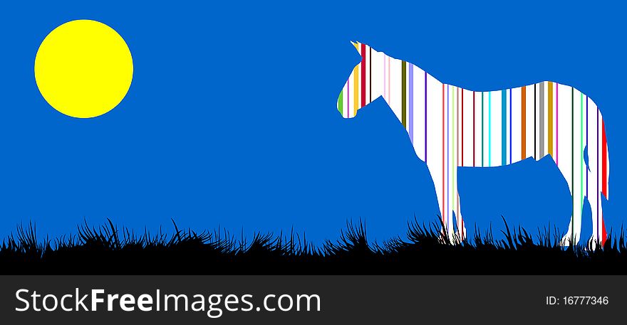 Vector silhouette of a horse in a bar code on a meadow. Vector silhouette of a horse in a bar code on a meadow
