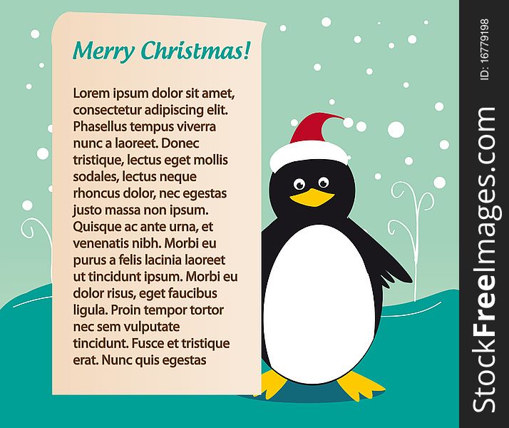 Winter illustration of christmas penguin with text field
