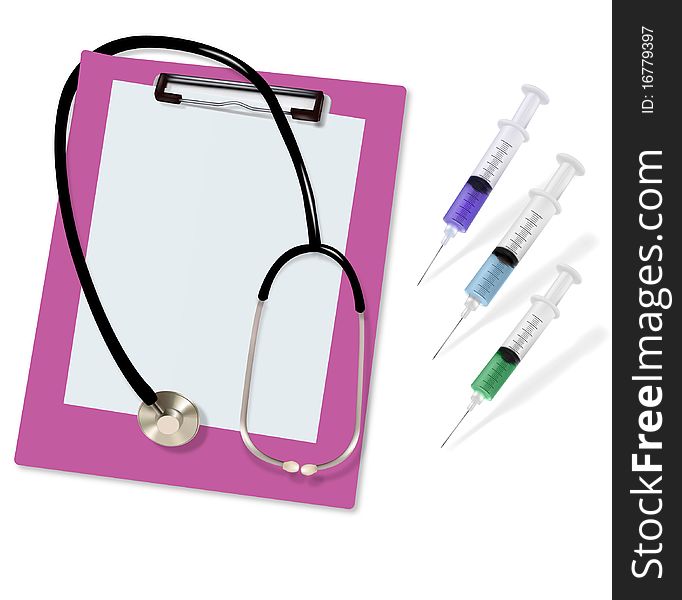 Stethoscope and blank clipboard. Syringe with needle. Vector