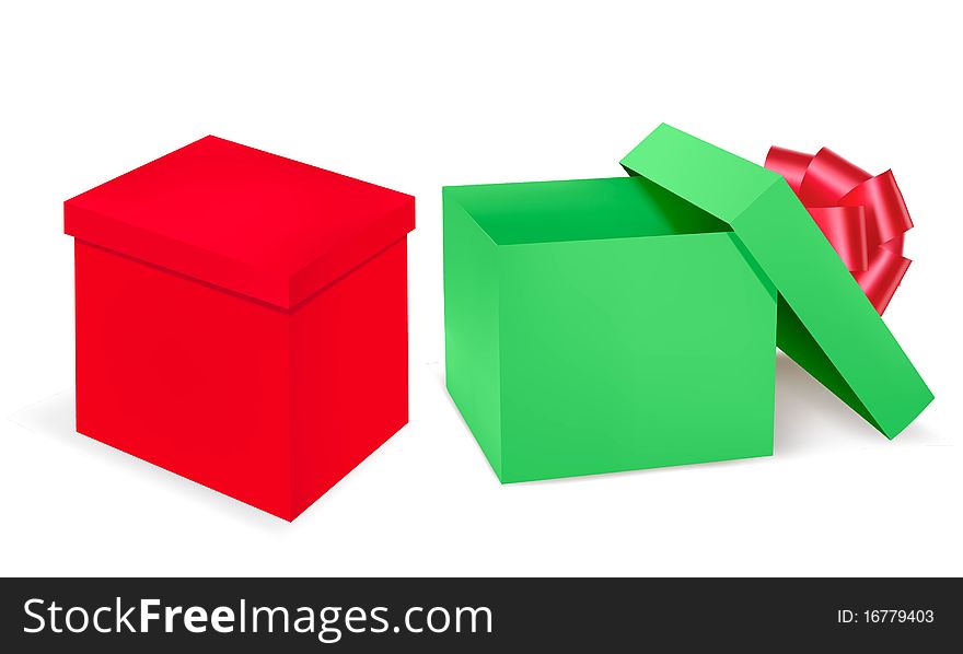 Red and green gift boxes with red ribbon. Vector illustration