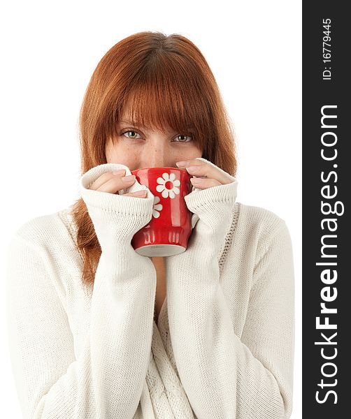 Closeup portrait of a smiling young female drinking a cup of coffee. Closeup portrait of a smiling young female drinking a cup of coffee