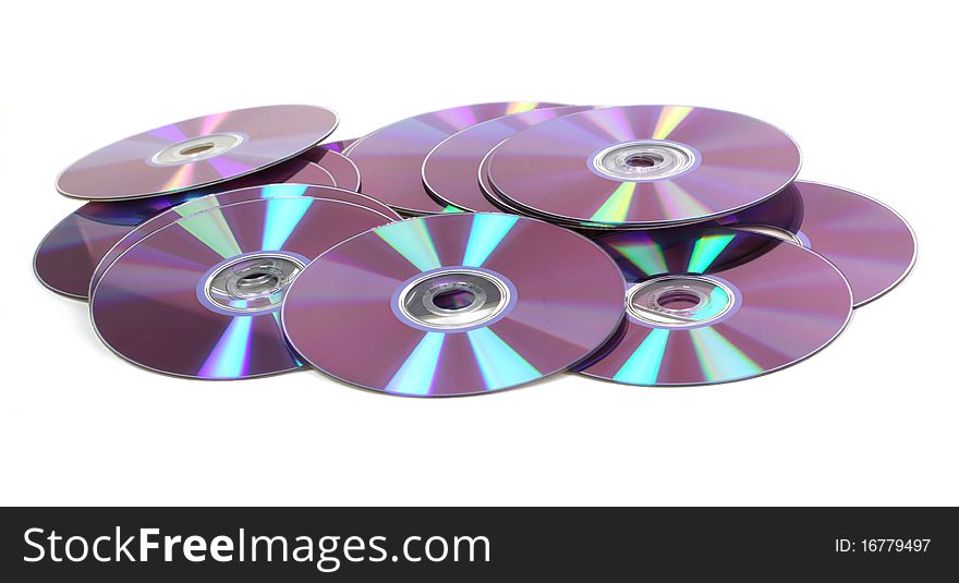 Bunch of DVD discs photographed in a studio on a white background