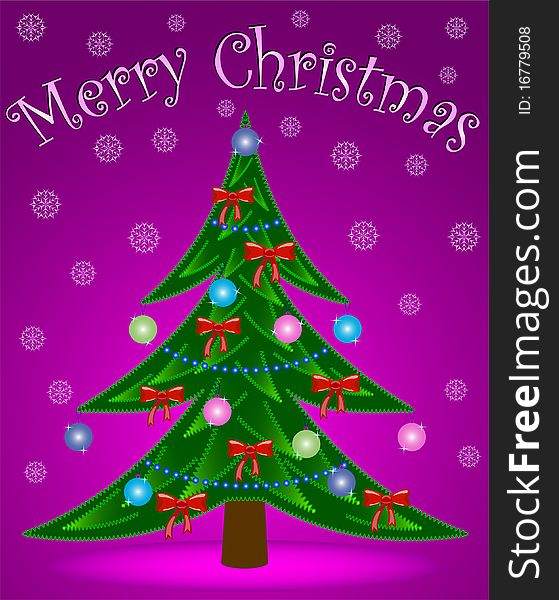 Christmas tree on rosy background. Vector illustration