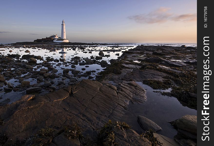 St Mary's Lighthouse in very early morning in low tide