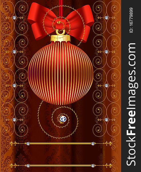 Ball, New Year's ornament with a red bow on a background Red curtain and gold patterns. Ball, New Year's ornament with a red bow on a background Red curtain and gold patterns