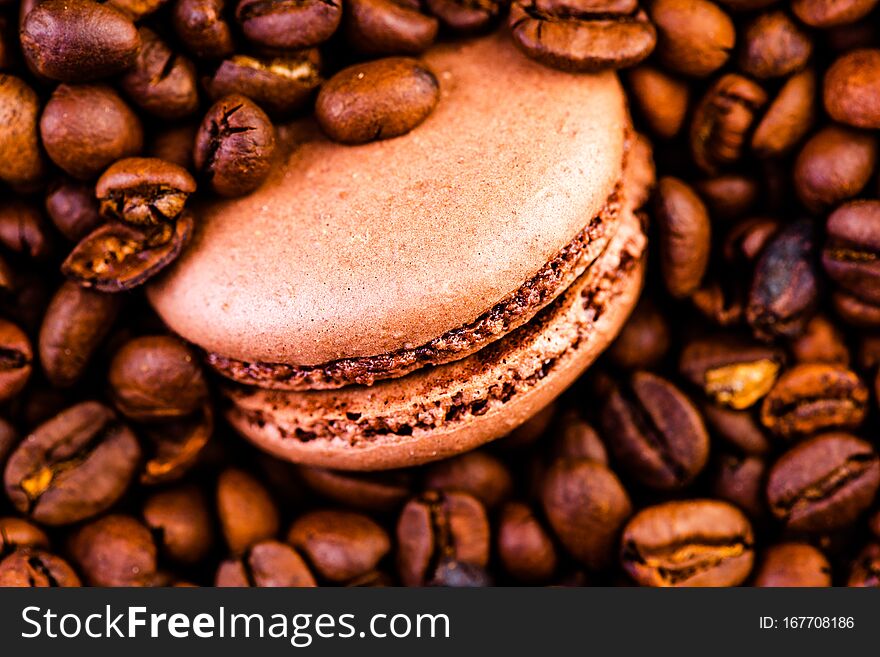 Cooffee Flavoured Macaroon. Close Up Studio Photo.