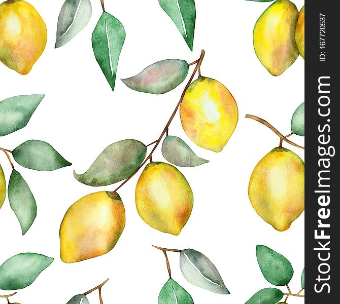 Watercolor hand painted nature seamless pattern with yellow lemons fruit on the brown branches with green leaves isolated on the white background, citrus plants trendy print for design elements