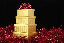 Gold Boxes Red Bow Red Garland Stock Photos Gold Boxes Red Bow Red Garland Stock Photos