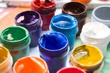 Closeup Of Buckets With Colorful Paints In Rows Stock Photography Closeup Of Buckets With Colorful Paints In Rows Stock Photography