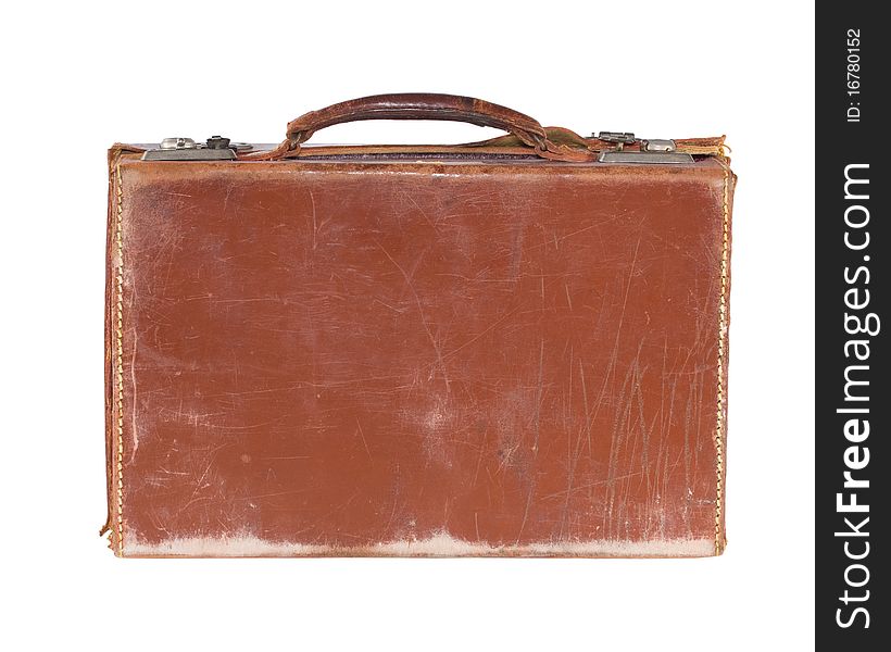 Battered old fashioned brown leather vintage suitcase, isolated on white. Battered old fashioned brown leather vintage suitcase, isolated on white