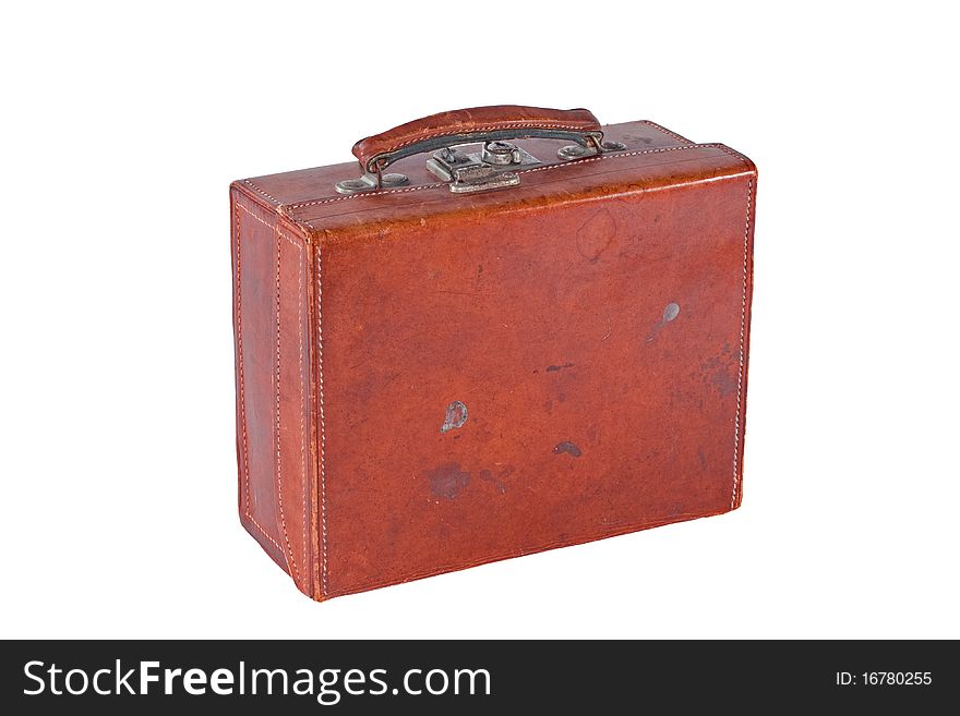 Small old fashioned brown leather suitcase, isolated on white, at an angle. Small old fashioned brown leather suitcase, isolated on white, at an angle