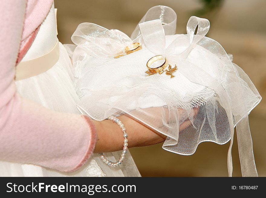 Wedding rings on a white lace pillow